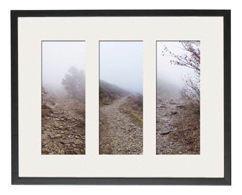 Tres fotografías enmarcadas en blanco y negro que capturan la serena belleza de un sendero brumoso.