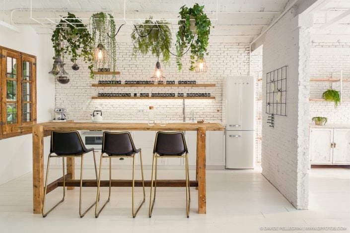 Una cocina blanca con plantas colgantes.