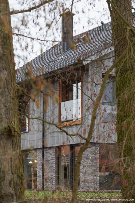 Un reportaje arquitectónico de una casa rodeada de árboles en el bosque.