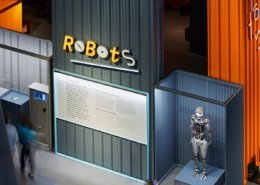 Una exhibición de robots inspirada en la arquitectura en un museo centrado en el interiorismo.