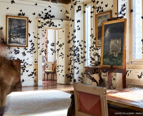 Una mujer navega con gracia a través de una habitación arquitectónicamente impresionante adornada con una fascinante exhibición de mariposas, creando el escenario perfecto para una sesión de fotos de diseño de interiores.